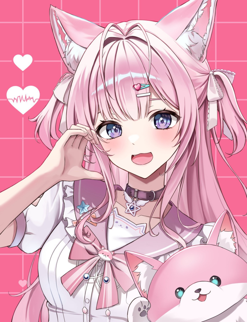 1girl, :3, animal_ear_fluff, animal_ears, antenna_hair, belt, belt_collar, blush