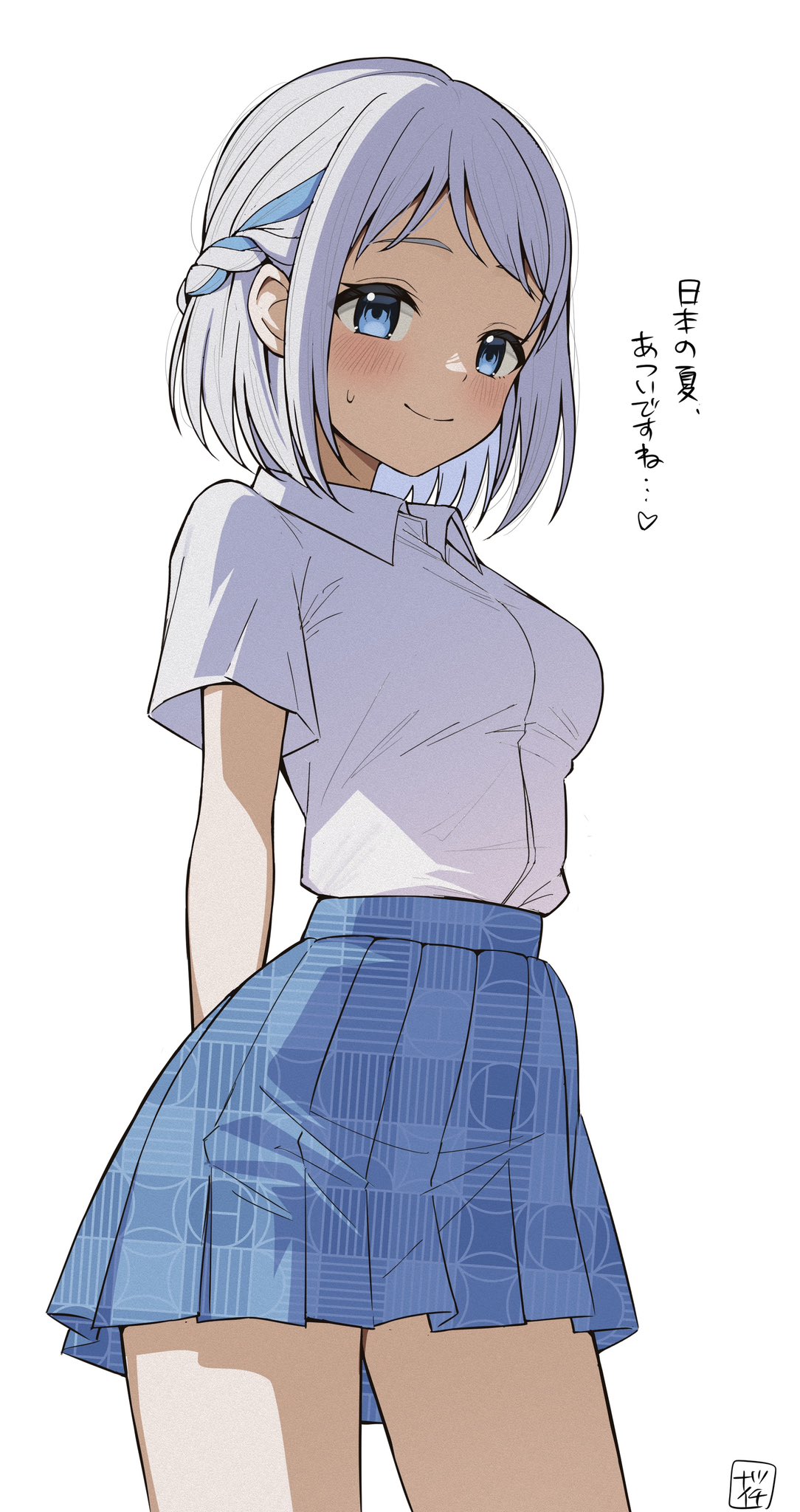 1girl, arms_behind_back, blue_eyes, blue_ribbon, blue_skirt, blush, breasts, commentary_request