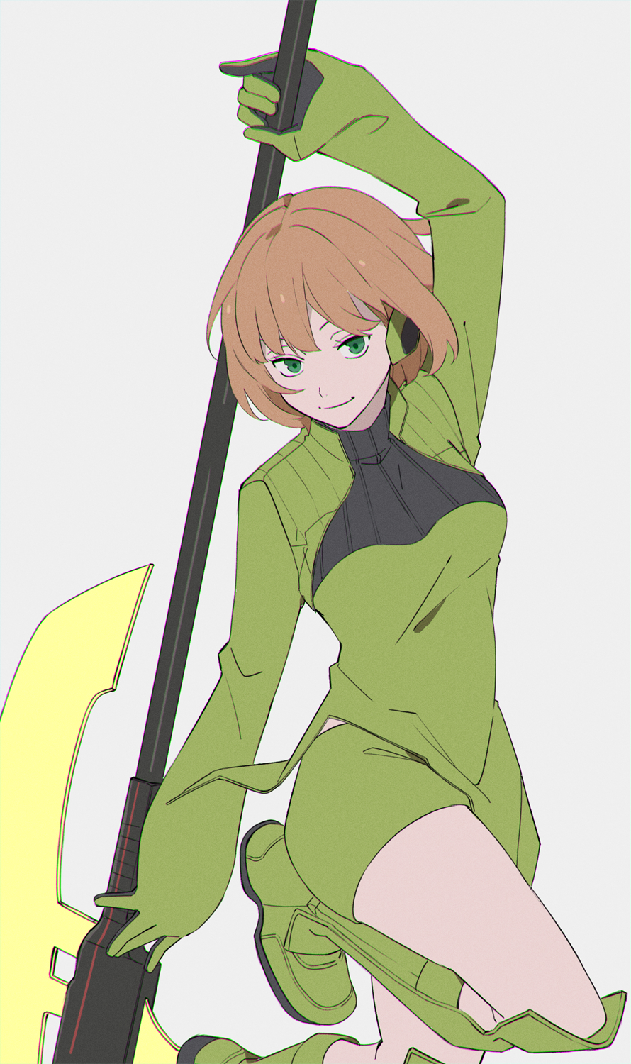 1girl, :&amp;gt;, axe, green_boots, green_eyes, green_gloves, headphones, holding_weapon