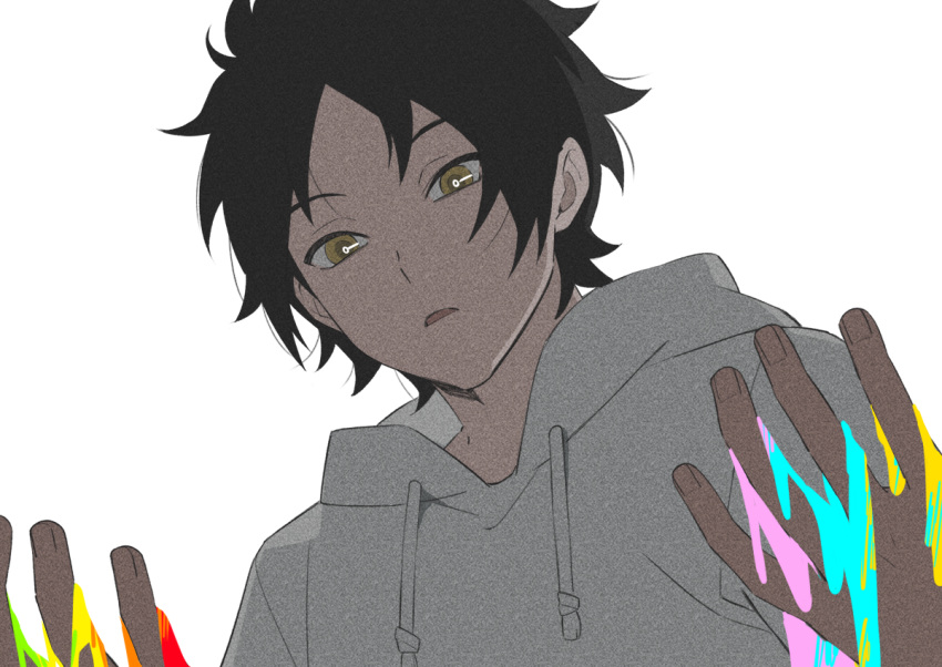 1boy, :d, amou_tsukihiko, black_hair, hoodie, looking_at_hand, paint_on_hands, white_background
