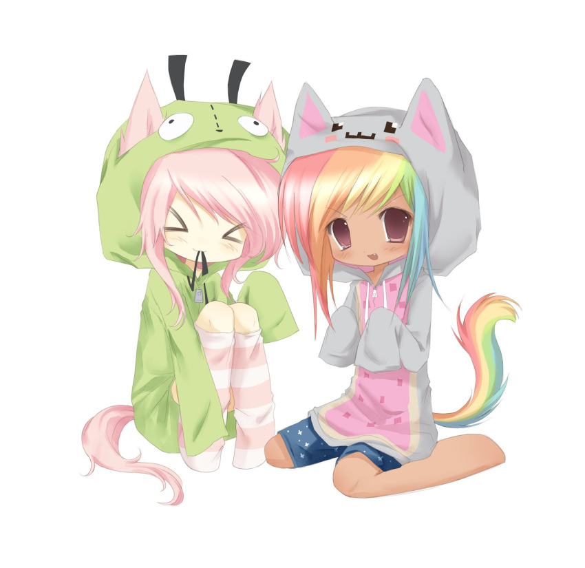 2000s_(style), 2girls, animal_ears, antonymph, commentary, cosplay, deformed, english_commentary