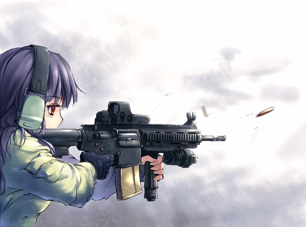 assault_rifle, casing_ejection, ear_protection, earmuffs, eotech, fingerless_gloves, firing, from_behind