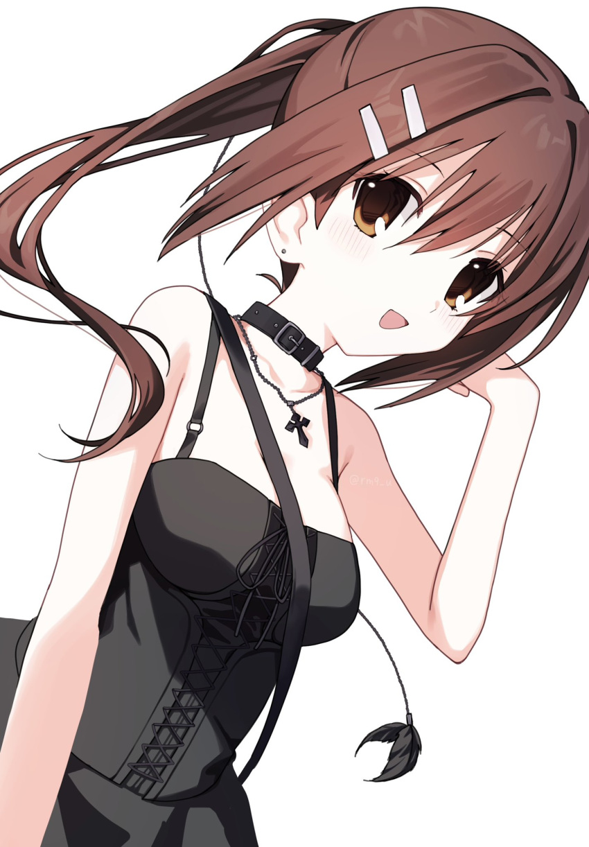 1girl, :d, bare_shoulders, belt_collar, black_dress, blush, breasts, brown_eyes