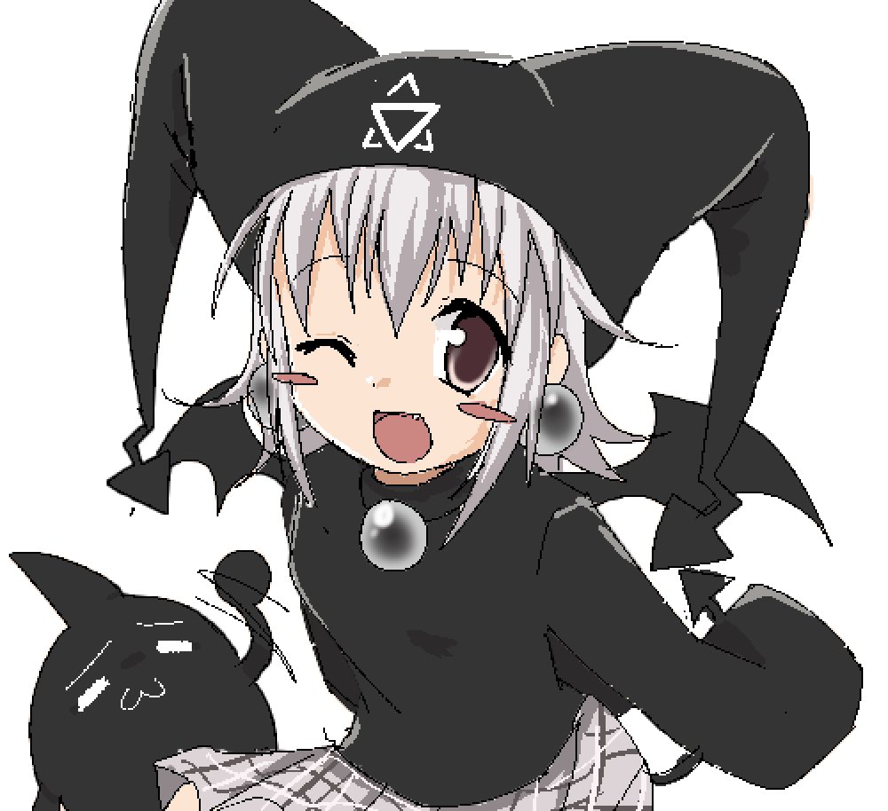 1girl, 2000s_(style), black_hat, black_sweater, blush_stickers, commentary, creature, english_commentary