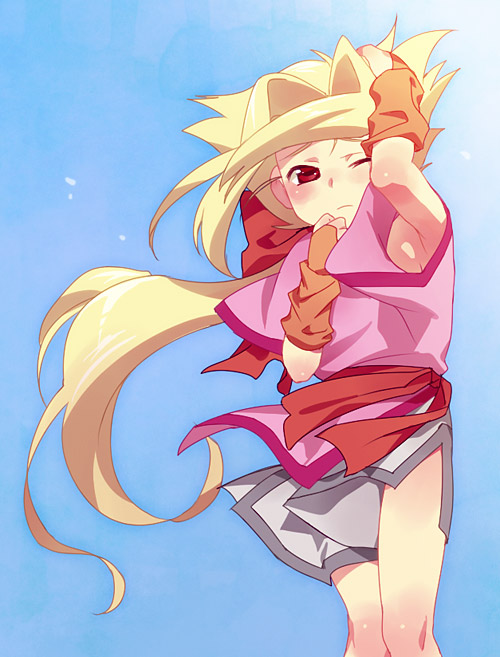 armpits, bridal_gauntlets, fiona_(zoids), hair_ribbon, long_hair, petals, ponytail, red_eyes, ribbon, simple_background, solo, taki_(nakochan), very_long_hair, wince, wind, wink, young, zoids, zoids_chaotic_century