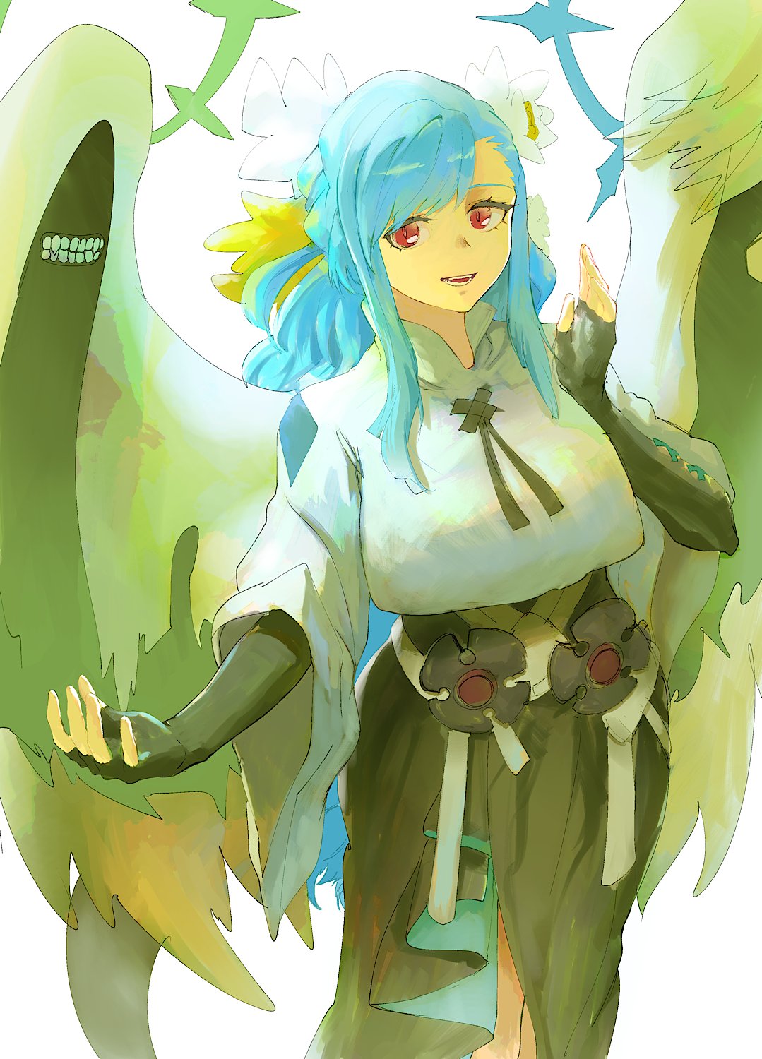 1girl, angel_wings, arqa, black_ribbon, black_skirt, blue_hair, breasts, dizzy_(guilty_gear)