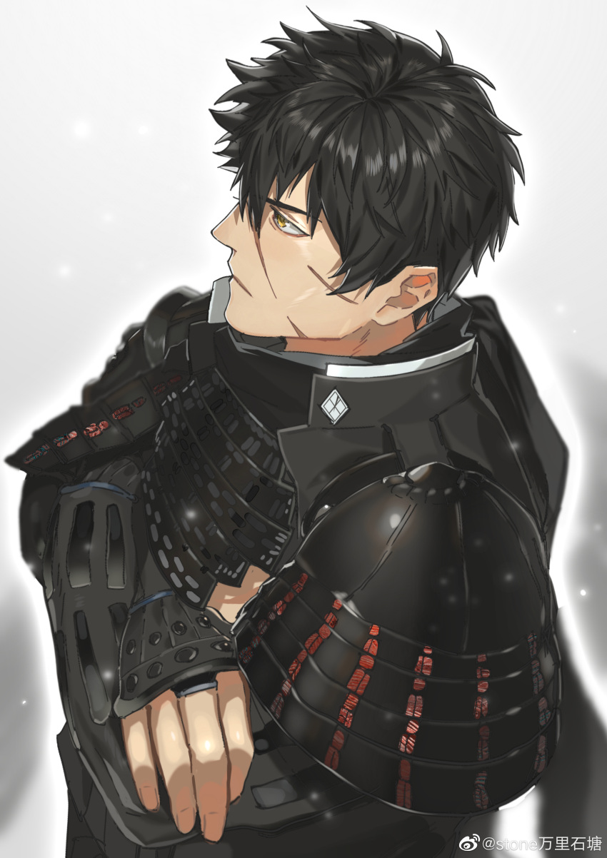 1boy, absurdres, armor, bannriishi, black_hair, doudanuki_masakuni, expressionless, from_above