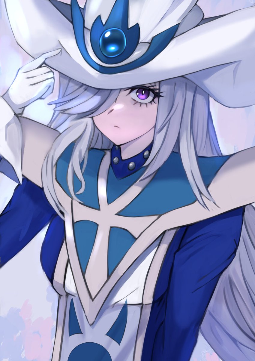 1girl, blue_dress, dress, duel_monster, eyelashes, fullborem, gloves, grey_hair, hair_over_one_eye, hat, highres, long_hair, long_sleeves, looking_at_viewer, silent_magician, solo, upper_body, violet_eyes, white_gloves, white_hat, wizard_hat, yu-gi-oh!