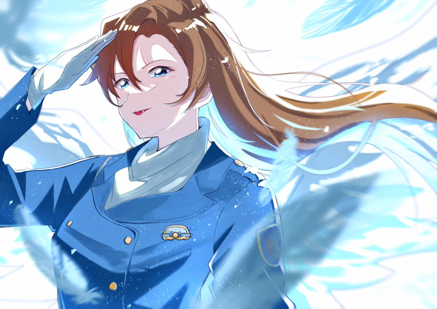 1girl, blonde_hair, blue_eyes, blue_jacket, blue_theme, commentary_request, feathers, gloves