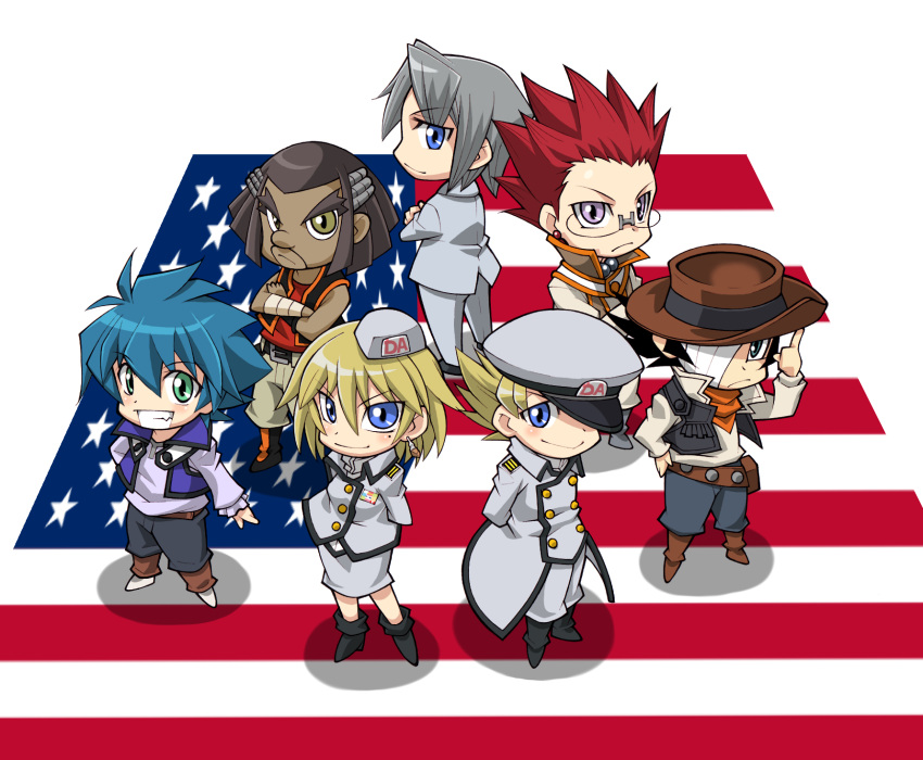 axel_brodie, black_hair, blonde_hair, blue_eyes, blush, chibi, david_rabb, edo_phoenix, flag, formal, green_eyes, highres, jim_crocodile_cook, johan_andersen, obelisk_blue_uniform, reggie_mackenzie, school_uniform, smile, yu-gi-oh!, yuu-gi-ou, yuu-gi-ou_gx, yuuki212