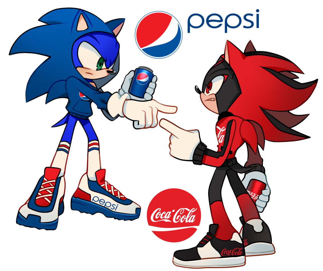 2boys, alternate_costume, animal_ears, animal_nose, black_footwear, blue_hoodie, can, clenched_teeth, closed_mouth, coca-cola, commentary, drink_can, english_commentary, frown, full_body, furry, furry_male, gloves, green_eyes, holding, holding_can, hood, hood_up, hoodie, logo, looking_at_another, male_focus, multiple_boys, pepsi, pointing, pointing_at_another, red_eyes, red_hoodie, shadow_the_hedgehog, shoes, simple_background, sneakers, socks, soda_can, sonic_(series), sonic_the_hedgehog, standing, tail, teeth, theadamay1, white_background, white_gloves, white_socks