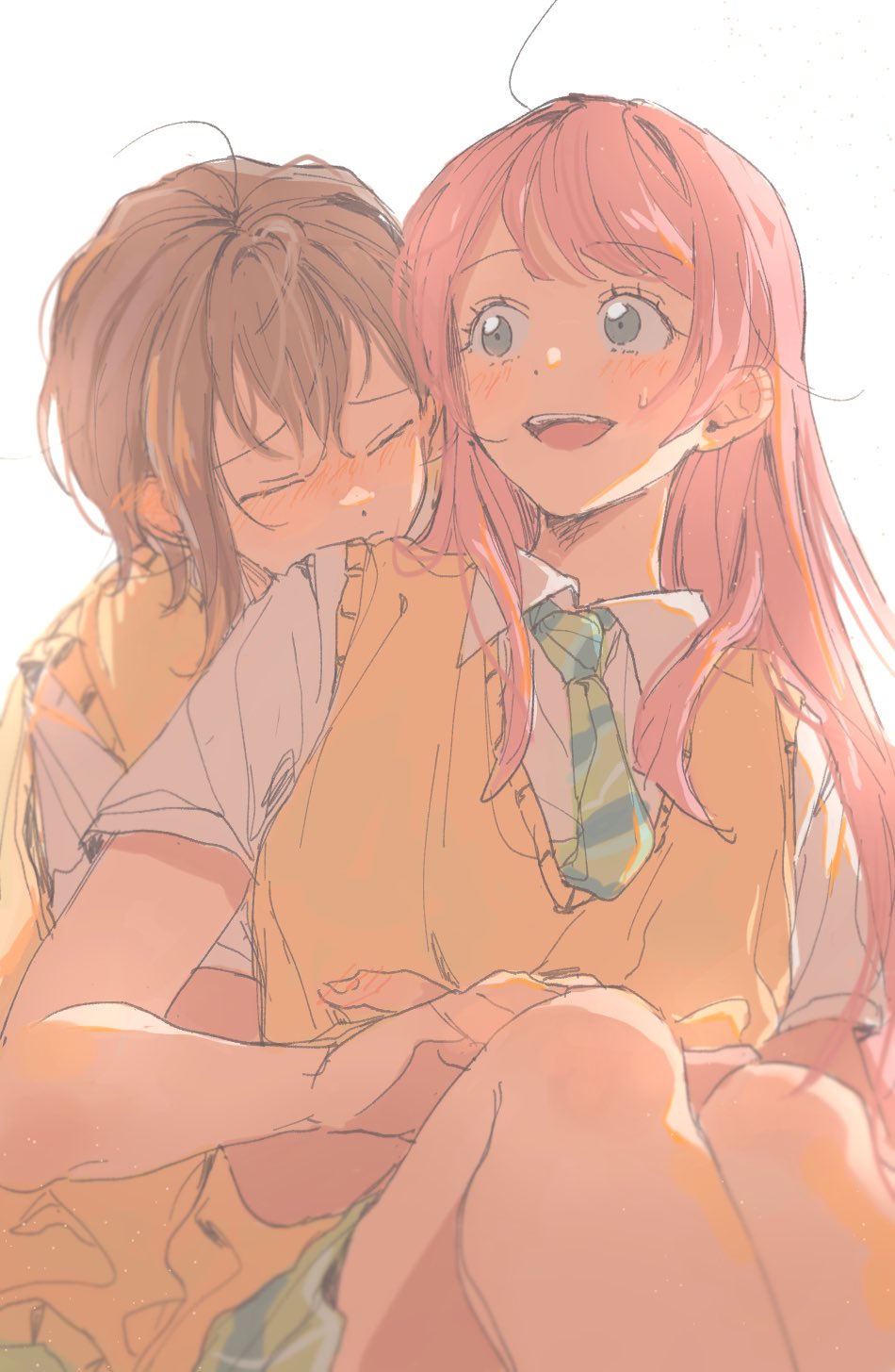 2girls, bang_dream!, bang_dream!_it's_mygo!!!!!, blush, brown_sweater_vest, chihaya_anon, closed_eyes, closed_mouth