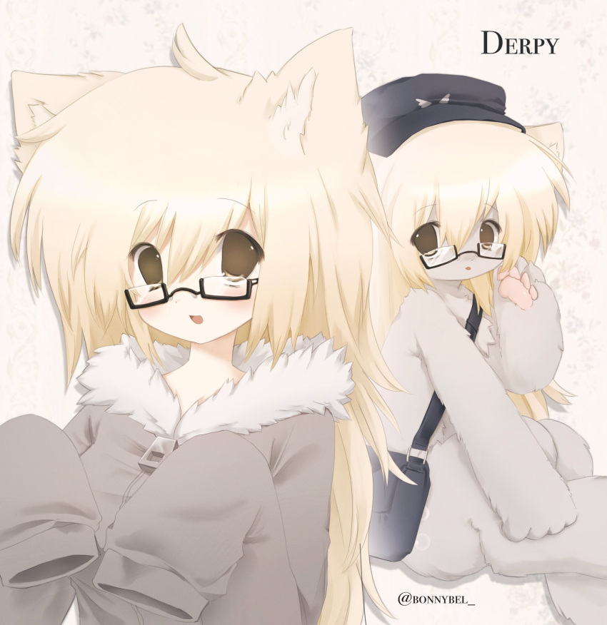2000s_(style), 2girls, ahoge, animal_ears, animal_hands, bag, blonde_hair, blush