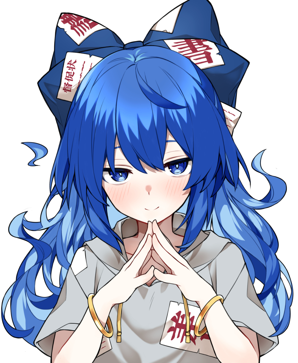 1girl, blue_bow, blue_eyes, bow, ch00suke, closed_mouth, gold_armlet, grey_hoodie