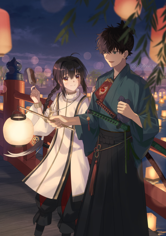 1boy, 1other, ahoge, amulet, androgynous, architecture, bamboo_leaf, black_hakama, blue_kimono, bracelet, braid, choker, crimson_codex_(fate), east_asian_architecture, fate/grand_order, fate/samurai_remnant, fate_(series), foot_out_of_frame, hair_intakes, hakama, hanging_lantern, holding, holding_lantern, holding_skewer, japanese_clothes, jewelry, katana, kimono, konnyaku_(food), lantern, lantern_on_liquid, long_braid, miyamoto_iori_(fate), necklace, night, night_sky, paper_lantern, sidelocks, single_braid, skewer, sky, smile, standing, sword, sword_on_back, topknot, weapon, weapon_on_back, yamato_takeru_(fate), yellow_eyes, you_(outtune)
