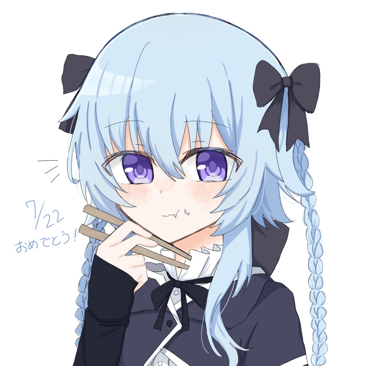 1girl, :t, arm_at_side, assault_lily, black_bow, blue_hair, blush, bow