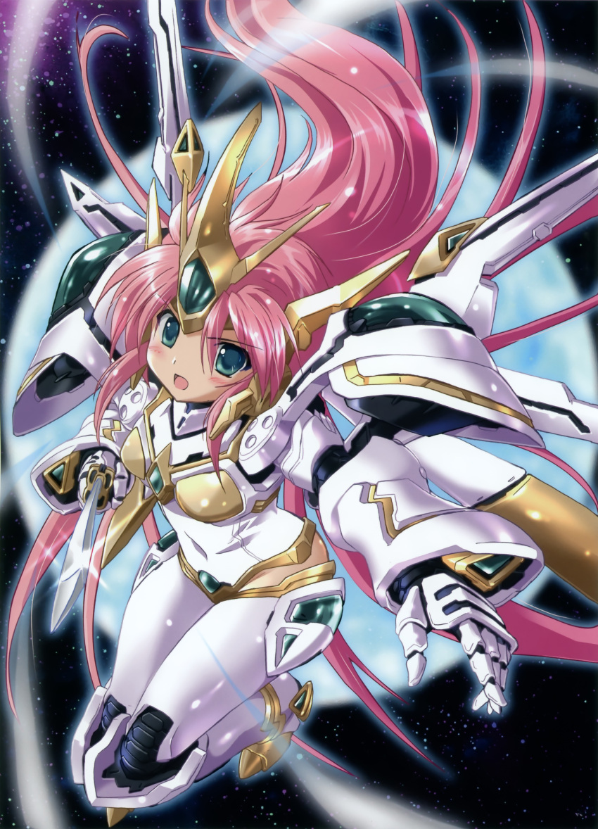 blush, green_eyes, highres, komatsu_eiji, long_hair, mecha, mecha_musume, open_mouth, pink_hair, solo, super_robot_wars, super_robot_wars_original_generation, super_robot_wars_the_lord_of_elemental, sword, valsione, valsione_r, weapon