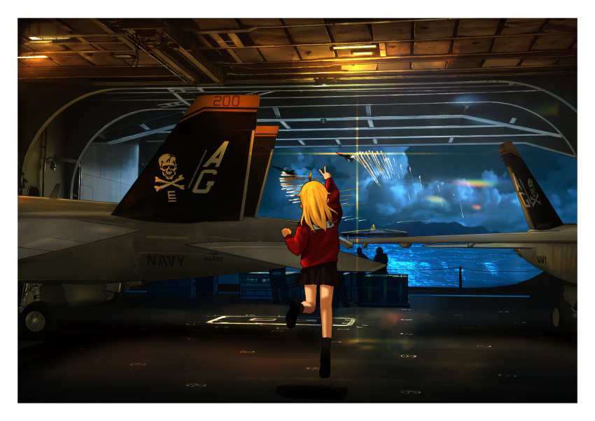 1girl, absurdres, ahoge, aircraft, aircraft_carrier, airplane, black_skirt, blonde_hair