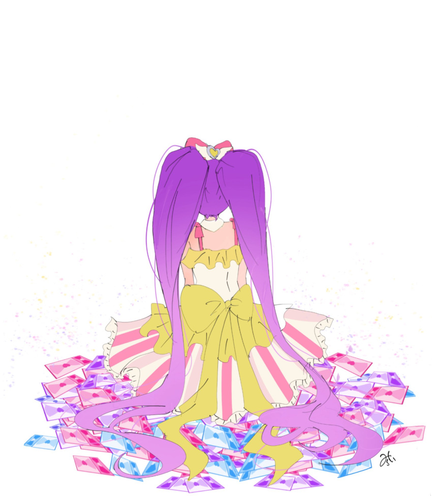 1girl, bare_shoulders, bow, card, detached_collar, dress, frills, from_behind