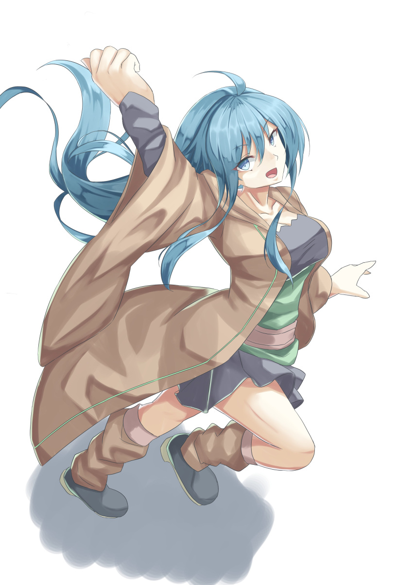 1girl, absurdres, ahoge, black_dress, black_footwear, blue_eyes, blue_hair, brown_coat
