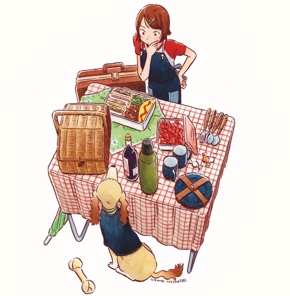 1girl, animal, apron, basket, bottle, briefcase, brown_hair, candy