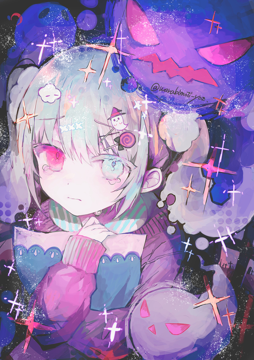 1girl, absurdres, blue_eyes, closed_mouth, ghost, ghost_hair_ornament, halloween, heterochromia, highres, hugging_object, irodori_warabi, lollipop_hair_ornament, looking_at_viewer, original, pillow, red_eyes, solo, tearing_up