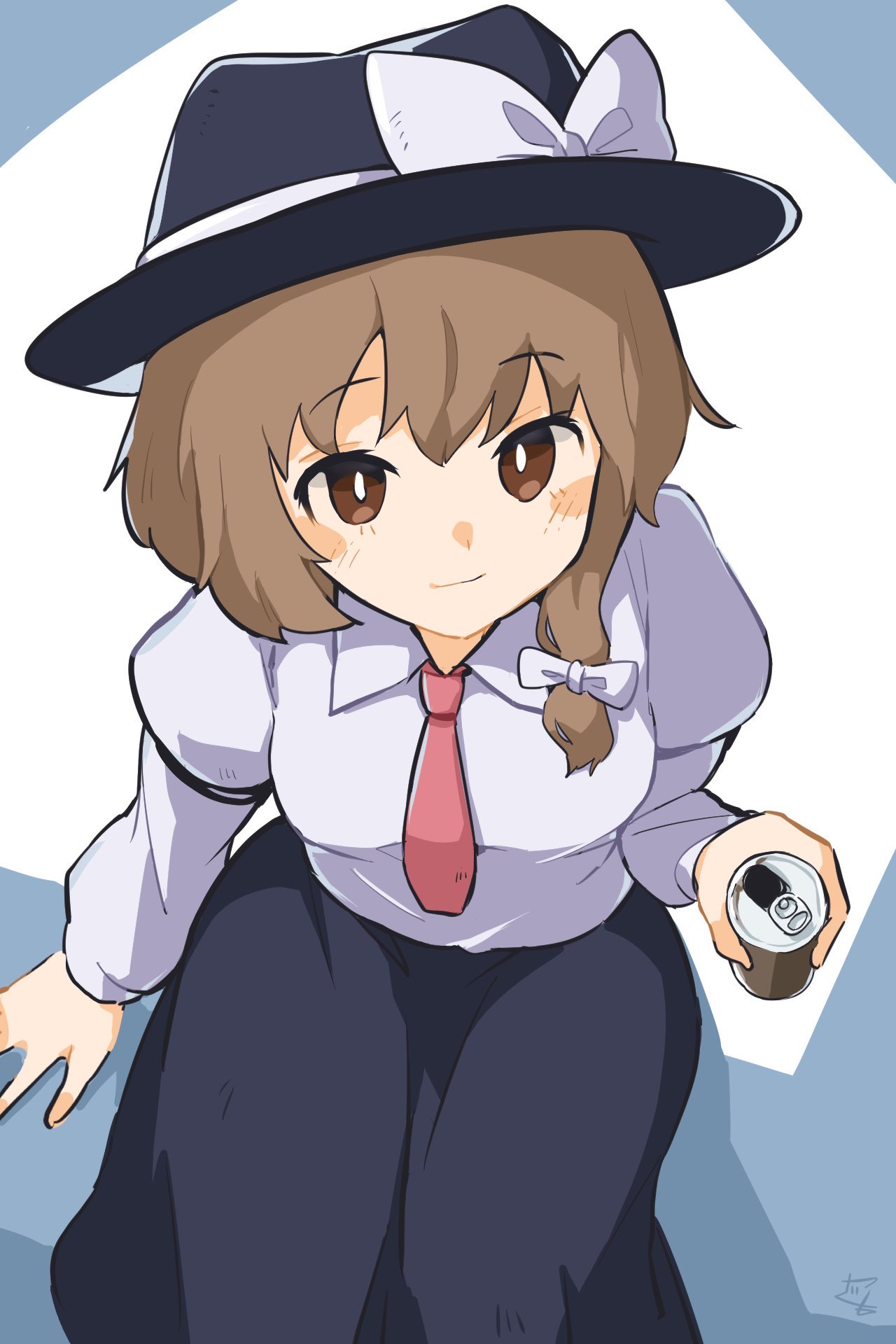 1girl, arm_support, black_hat, black_skirt, blush_stickers, bow, breasts, brown_eyes