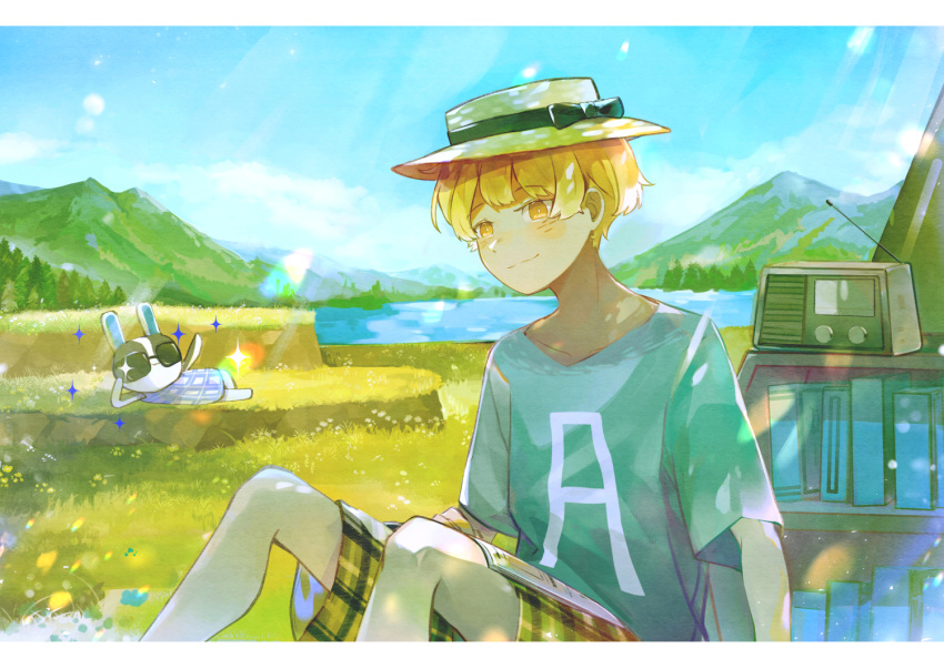 1boy, blonde_hair, blue_shirt, blue_sky, blush, bookshelf, brown_shorts, closed_mouth