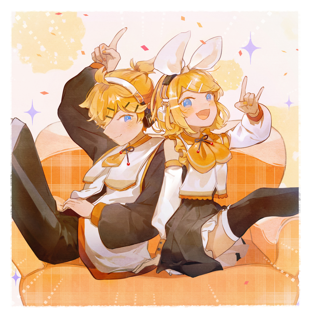 1boy, 1girl, \n/, black_pants, black_shirt, black_skirt, black_thighhighs, blonde_hair