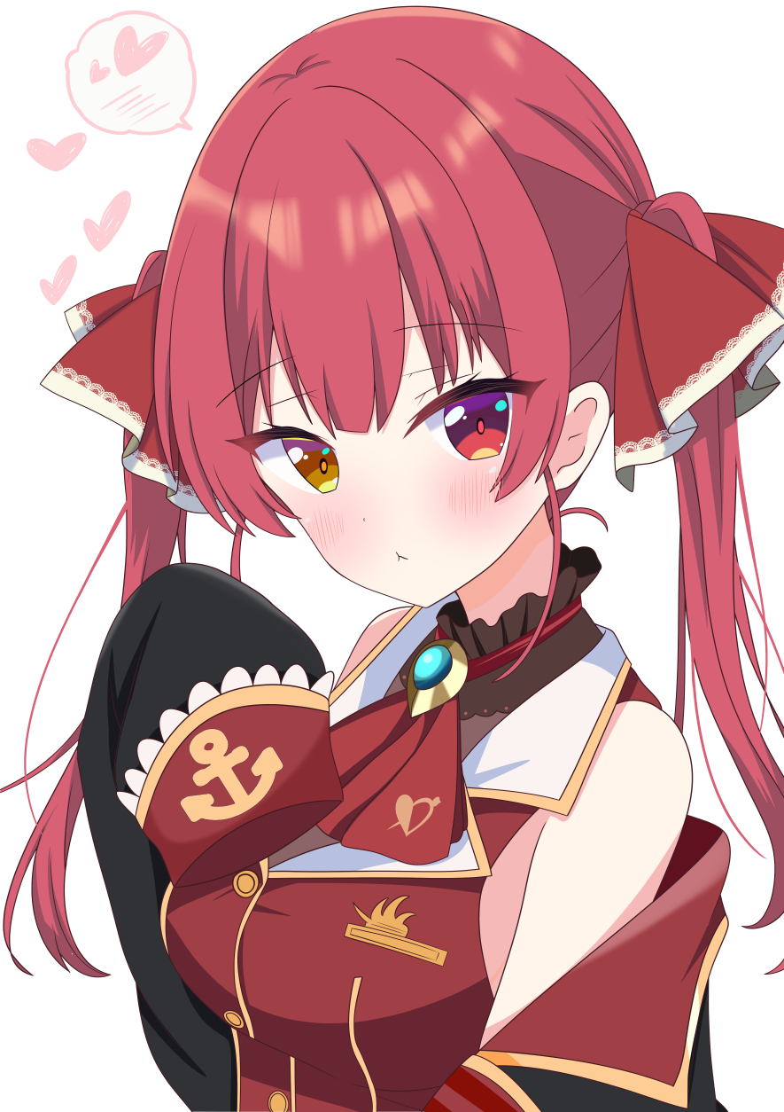 1girl, ascot, black_choker, black_coat, blush, choker, coat, cropped_jacket, frilled_choker, frills, hair_ribbon, heart, heterochromia, highres, hiiragisensei, hololive, houshou_marine, houshou_marine_(1st_costume), jacket, leotard, leotard_under_clothes, long_hair, looking_at_viewer, red_ascot, red_coat, red_eyes, red_jacket, red_ribbon, redhead, ribbon, sleeveless, sleeveless_jacket, sleeves_past_fingers, sleeves_past_wrists, solo, spoken_heart, twintails, two-sided_coat, two-sided_fabric, virtual_youtuber, white_background, yellow_eyes