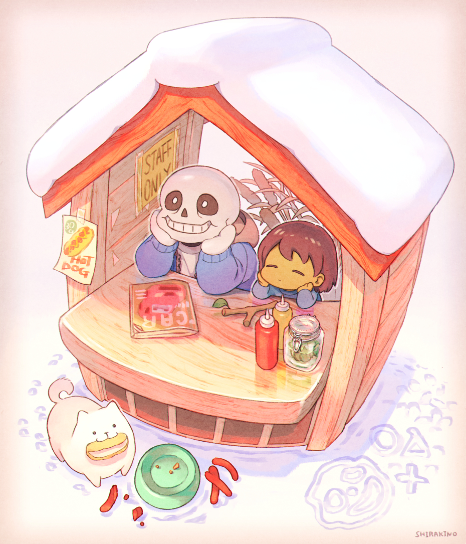 1boy, 1other, annoying_dog, blue_jacket, blue_shirt, brown_hair, child, closed_eyes, closed_mouth, colored_skin, english_text, frisk_(undertale), grey_hood, grin, hands_on_own_chin, hands_on_own_face, hood, hood_down, hooded_jacket, jacket, jar, ketchup_bottle, leaf, long_sleeves, mustard_bottle, official_art, outdoors, sans_(undertale), shirakino, shirt, short_hair, skeleton, smile, snow, stick, tip_jar, undertale, white_dog, yellow_skin