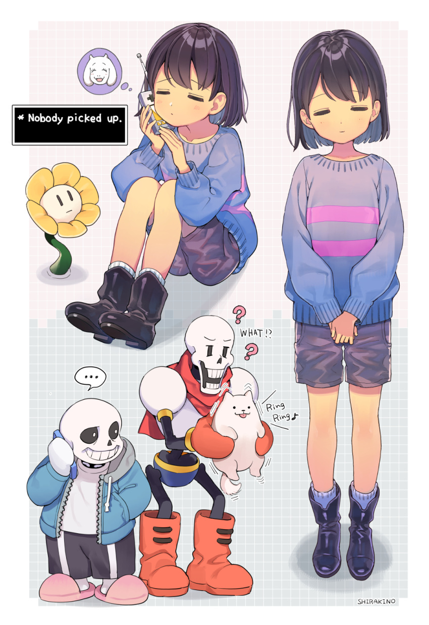 ..., 1other, 2boys, ?, annoying_dog, black_footwear, black_hair, black_shorts