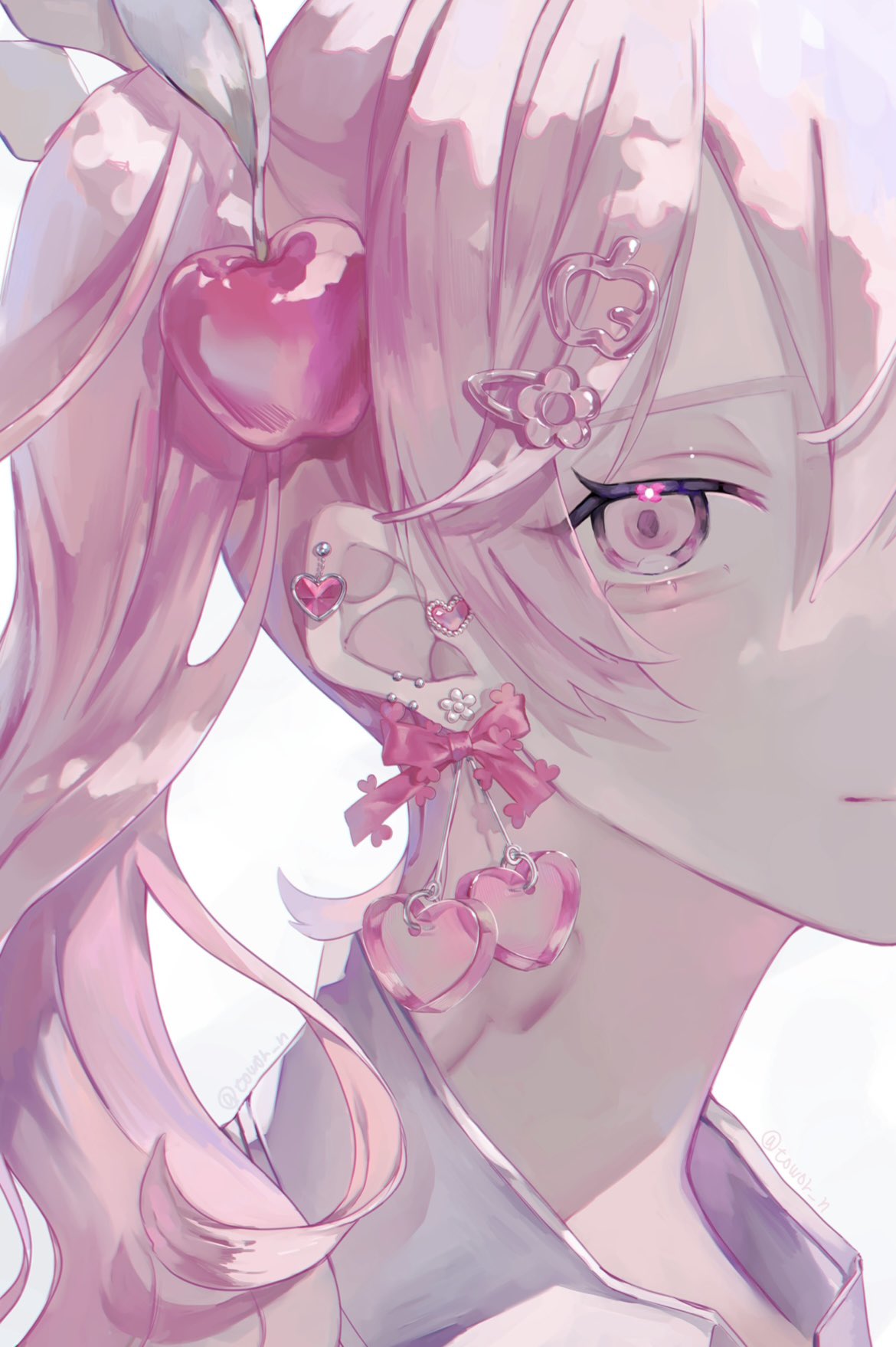 bow, cherry_hair_ornament, closed_mouth, ear_bow, ear_piercing, ear_ribbon, earrings, food-themed_hair_ornament, hair_ornament, hatsune_miku, heart, heart_earrings, highres, jewelry, looking_at_viewer, nekome_toworu, piercing, pink_eyes, pink_hair, sakura_miku, vocaloid