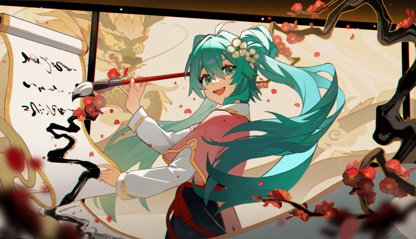 1girl, ahoge, aqua_eyes, aqua_hair, calligraphy, calligraphy_brush, cherry_blossoms, chinese_commentary