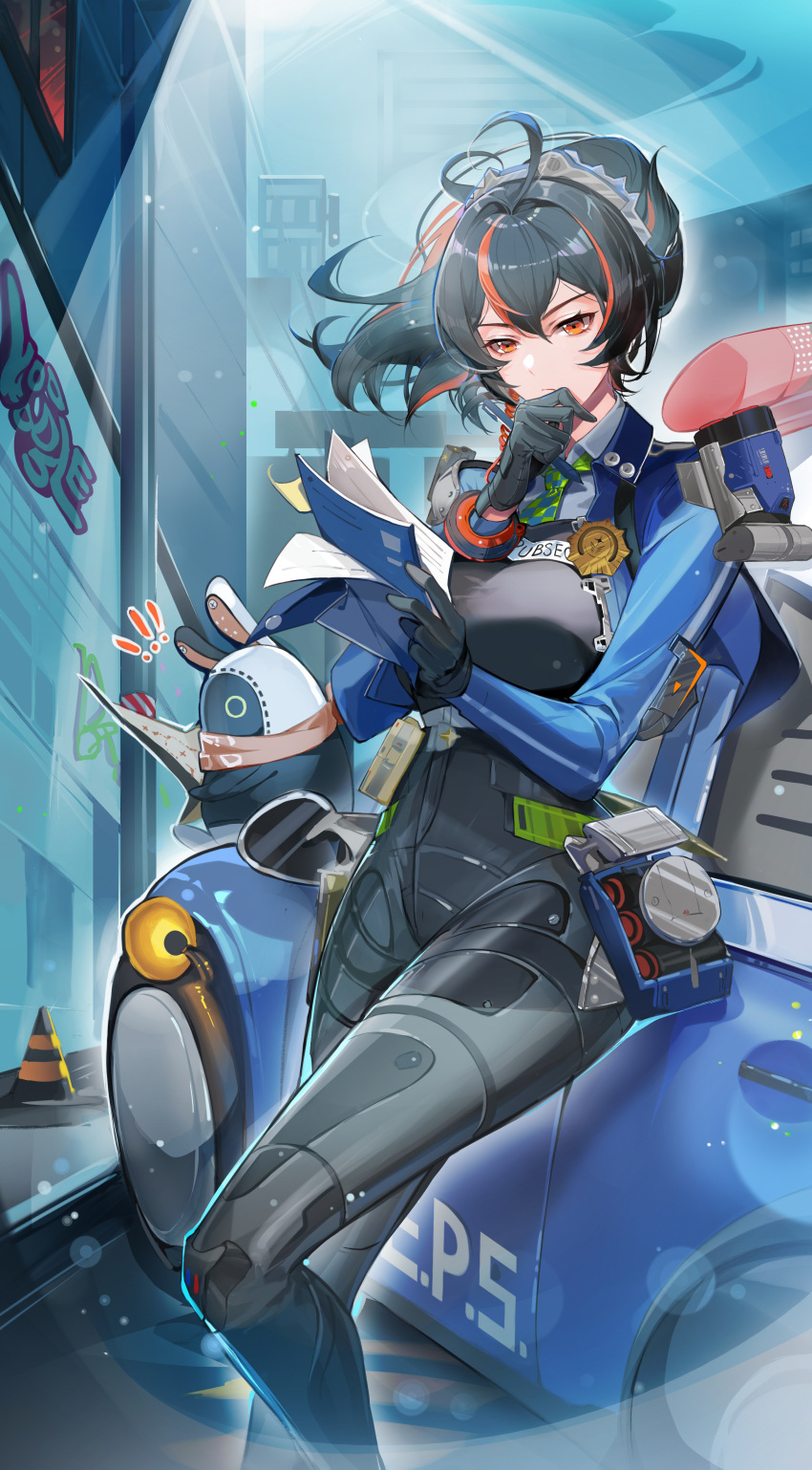 !, !!, 1girl, absurdres, against_vehicle, bangboo_(zenless_zone_zero), black_gloves, black_hair