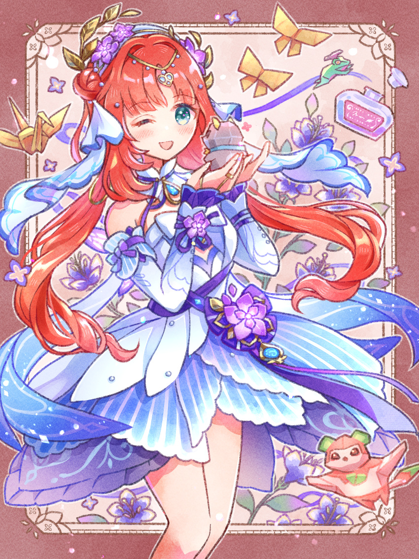 1girl, ;d, absurdres, animal, aqua_eyes, blue_dress, blue_gemstone, blue_sleeves