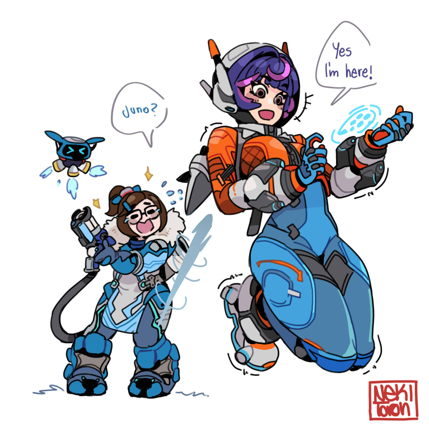 >_<, 2girls, absurdres, armor, artist_name, blue_bodysuit, blue_gloves, blue_hair