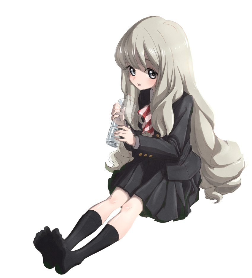 1girl, akebi-chan_no_serafuku, blush, bottle, full_body, grey_eyes, grey_hair, highres