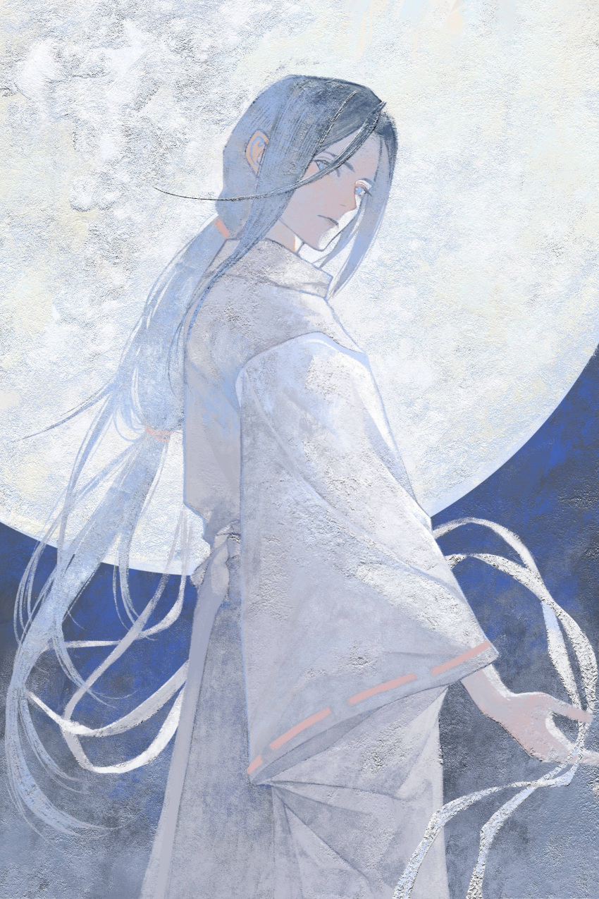 1boy, absurdres, bishounen, blue_eyes, blue_hair, calendulamew, closed_mouth, cowboy_shot
