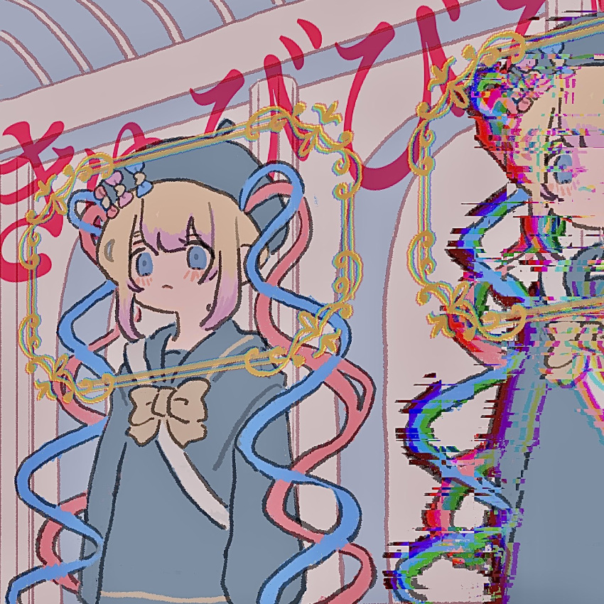2girls, beret, blonde_hair, blue_bow, blue_eyes, blue_hair, blue_hat, blue_shirt