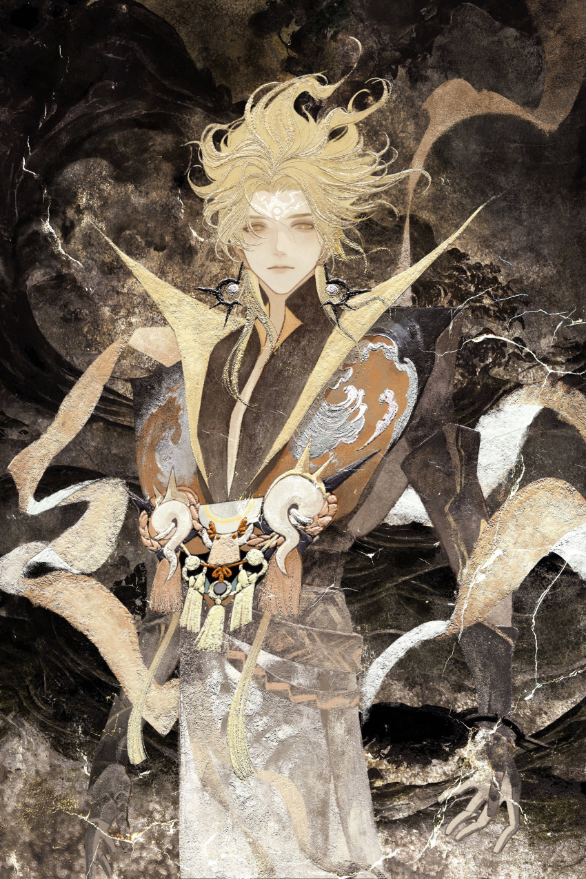 1boy, absurdres, bishounen, black_gloves, blonde_hair, calendulamew, closed_mouth, coat