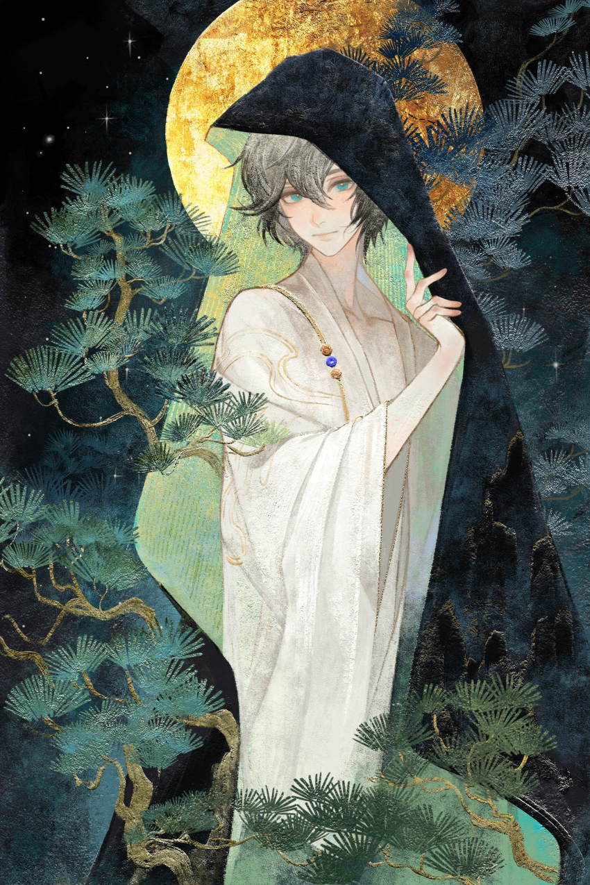 1boy, absurdres, aqua_eyes, bishounen, blush, bonsai, branch, calendulamew