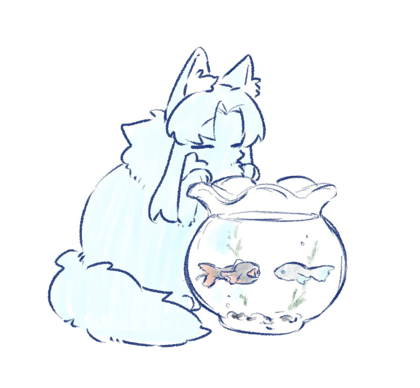 angela_(project_moon), animal_focus, animalization, blue_fur, cat, closed_eyes, fish, fishbowl
