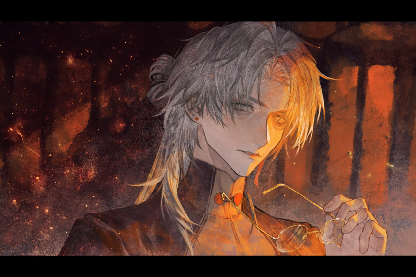 1boy, black_coat, blade_(honkai:_star_rail), calendulamew, coat, earrings, expressionless, fingernails, glasses, grey_eyes, grey_hair, hair_bun, highres, holding, holding_removed_eyewear, honkai:_star_rail, honkai_(series), jewelry, letterboxed, long_hair, looking_at_viewer, male_focus, parted_bangs, parted_lips, solo, stud_earrings, unworn_eyewear, upper_body, yingxing_(honkai:_star_rail)