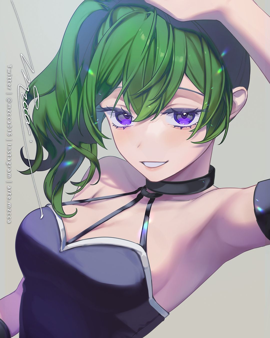 1girl, arm_up, armpits, artist_name, bare_shoulders, black_choker, chinese_commentary, choker