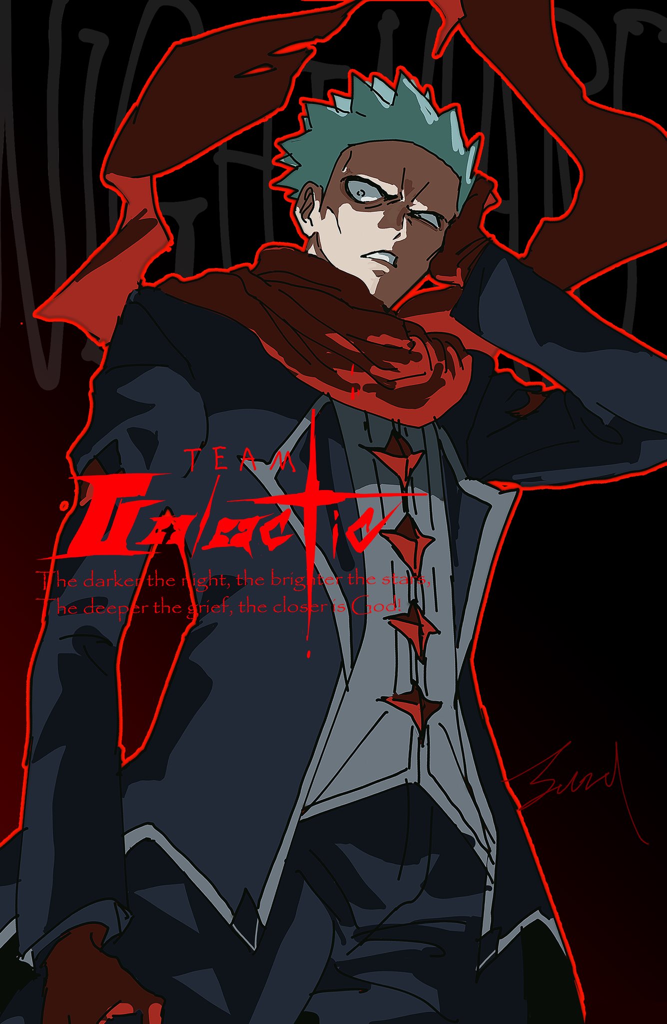 1boy, black_jacket, black_pants, blue_hair, cowboy_shot, cyrus_(pokemon), cyrus_(sygna_suit)_(pokemon), english_text