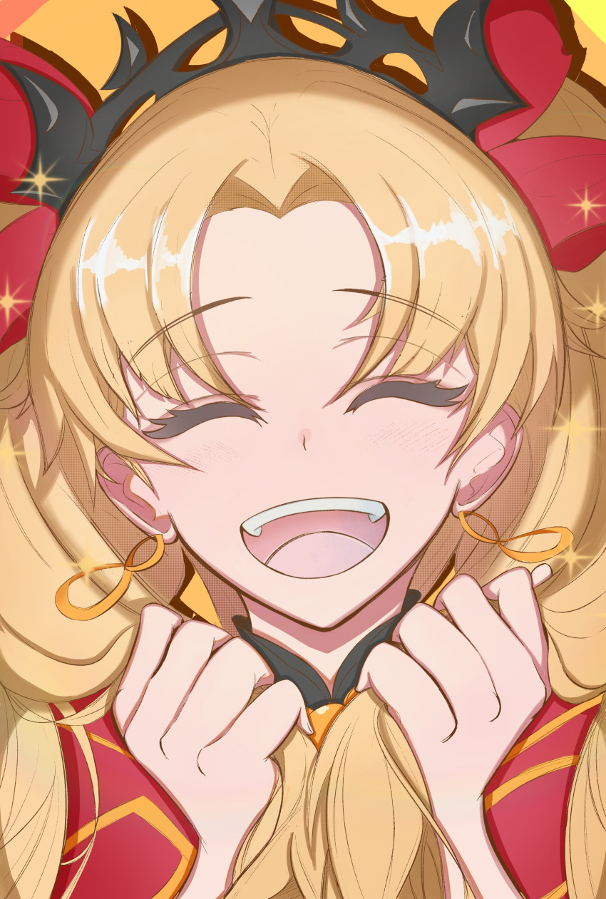 0nineo9, 1girl, absurdres, black_dress, blonde_hair, bow, cape, closed_eyes, dress, earrings, ereshkigal_(fate), fate/grand_order, fate_(series), gold_trim, hair_bow, highres, jewelry, long_hair, open_mouth, parted_bangs, red_cape, smile, solo, sparkle, tiara, two_side_up