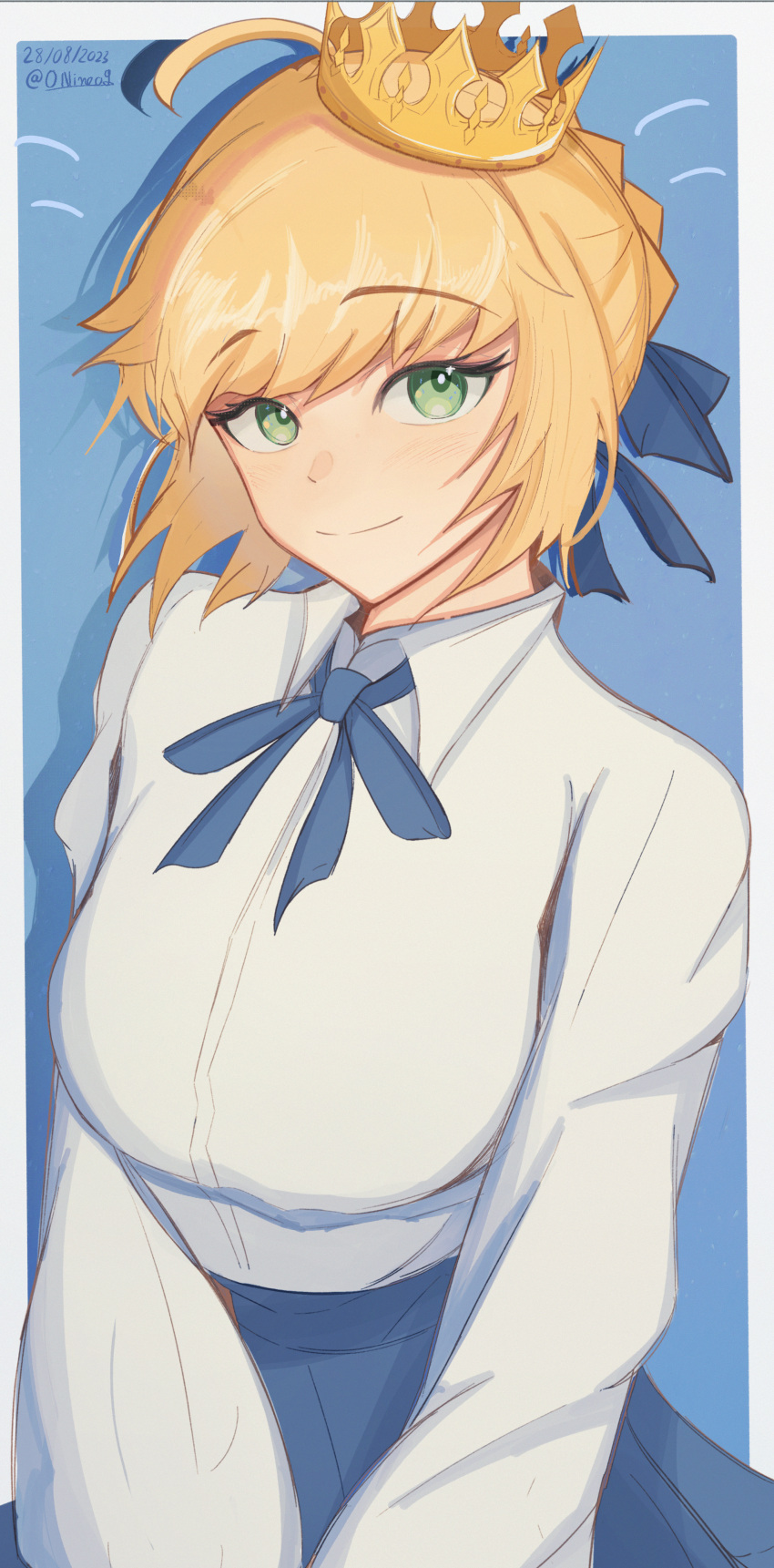 0nineo9, 1girl, absurdres, ahoge, artoria_pendragon_(fate), blonde_hair, blue_ribbon, blue_skirt