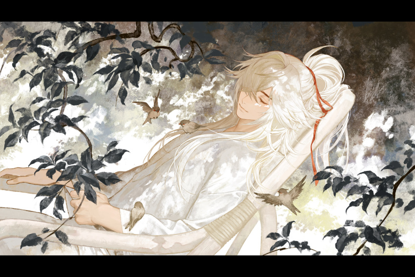 1boy, animal, bird, branch, calendulamew, chinese_clothes, closed_eyes, cowboy_shot