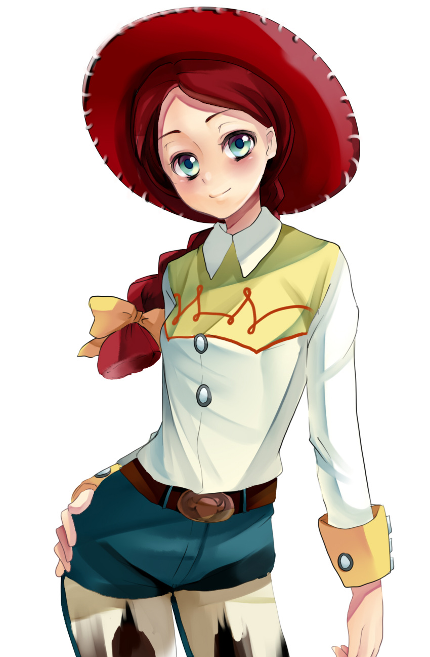 blush, braid, cowboy_hat, hand_on_hip, hat, highres, hips, jessie_(toy_story)